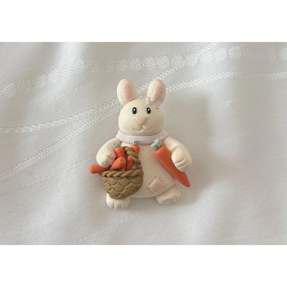 Vintage Bunny Rabbit Carrot Basket Brooch Pin Easter Spring Polymer Clay